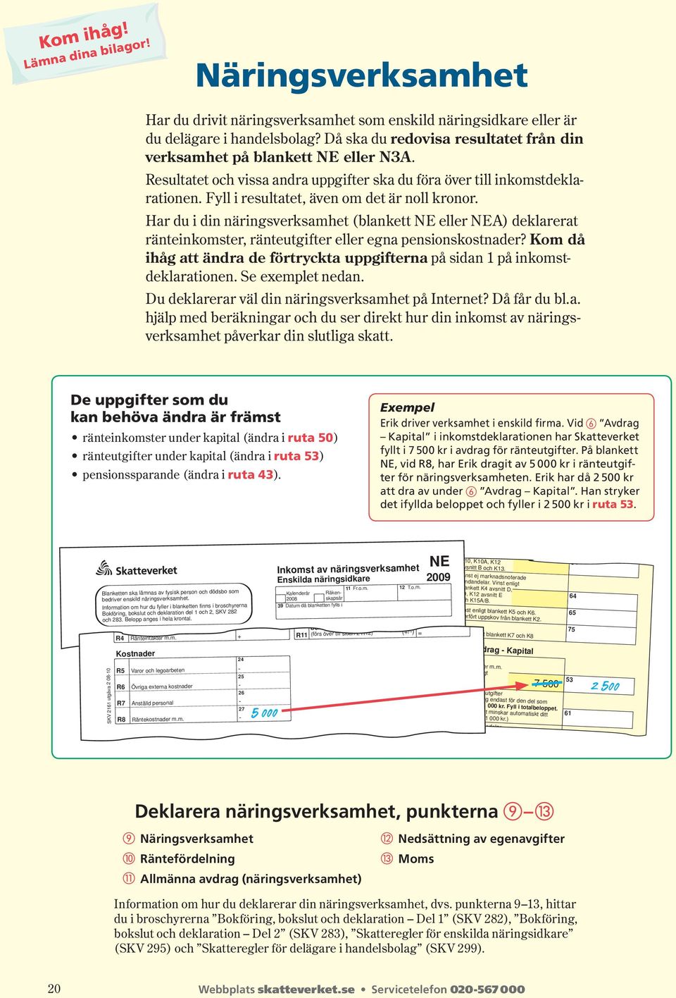 Fyll i resultatet, även om det är noll kronor. Har du i din näringsverksamhet (blankett NE eller NEA) deklarerat ränte inkomster, ränteutgifter eller egna pensionskostnader?
