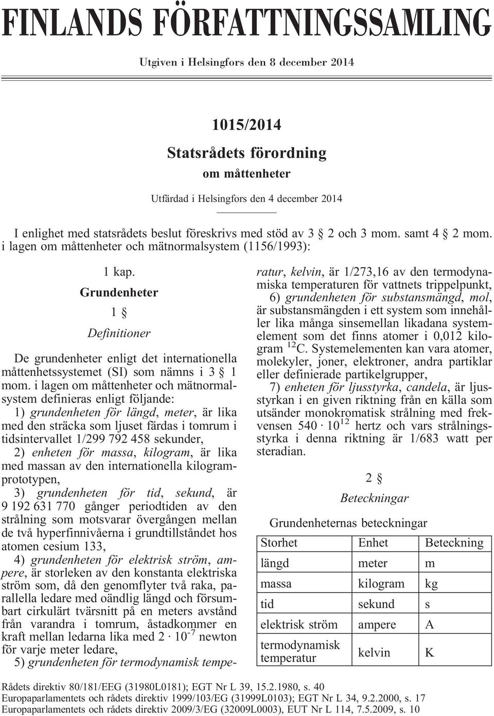 Grundenheter 1 Definitioner De grundenheter enligt det internationella måttenhetssystemet (SI) som nämns i 3 1 mom.