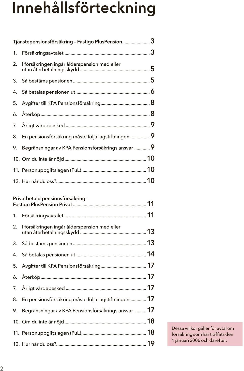 Begränsningar av KPA Pensionsförsäkrings ansvar...9 10. Om du inte är nöjd...10 11. Personuppgiftslagen (PuL)...10 12. Hur når du oss?...10 Privatbetald pensionsförsäkring Fastigo PlusPension Privat.