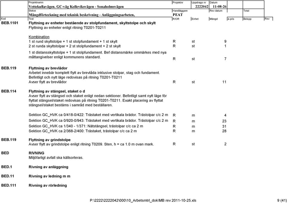 R st 7 BEB.119 BEB.114 Flyttning av brevlådor Arbetet innebär komplett flytt av brevlåda inklusive stolpar, stag och fundament.