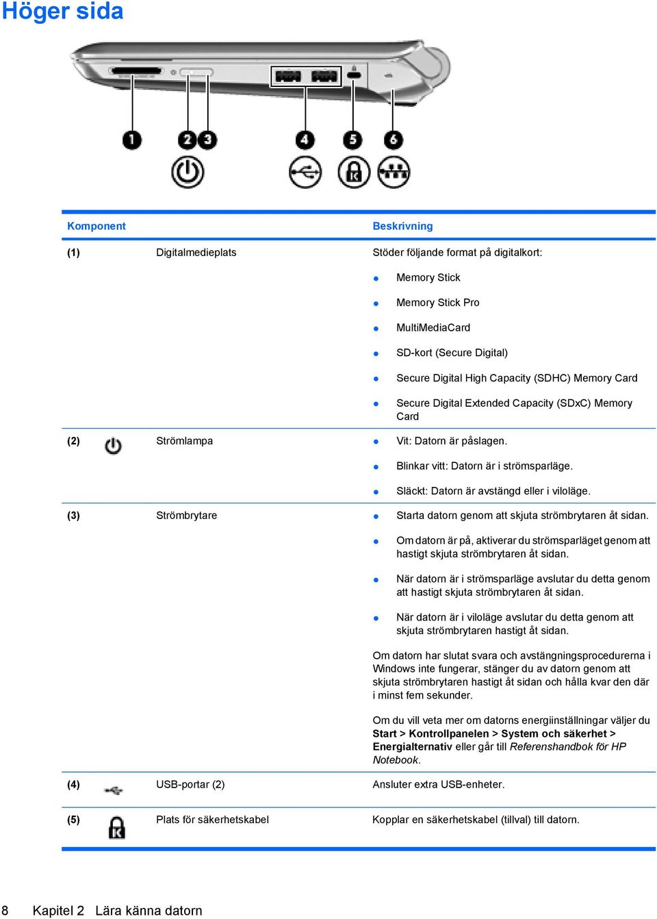 (3) Strömbrytare Starta datorn genom att skjuta strömbrytaren åt sidan. Om datorn är på, aktiverar du strömsparläget genom att hastigt skjuta strömbrytaren åt sidan.