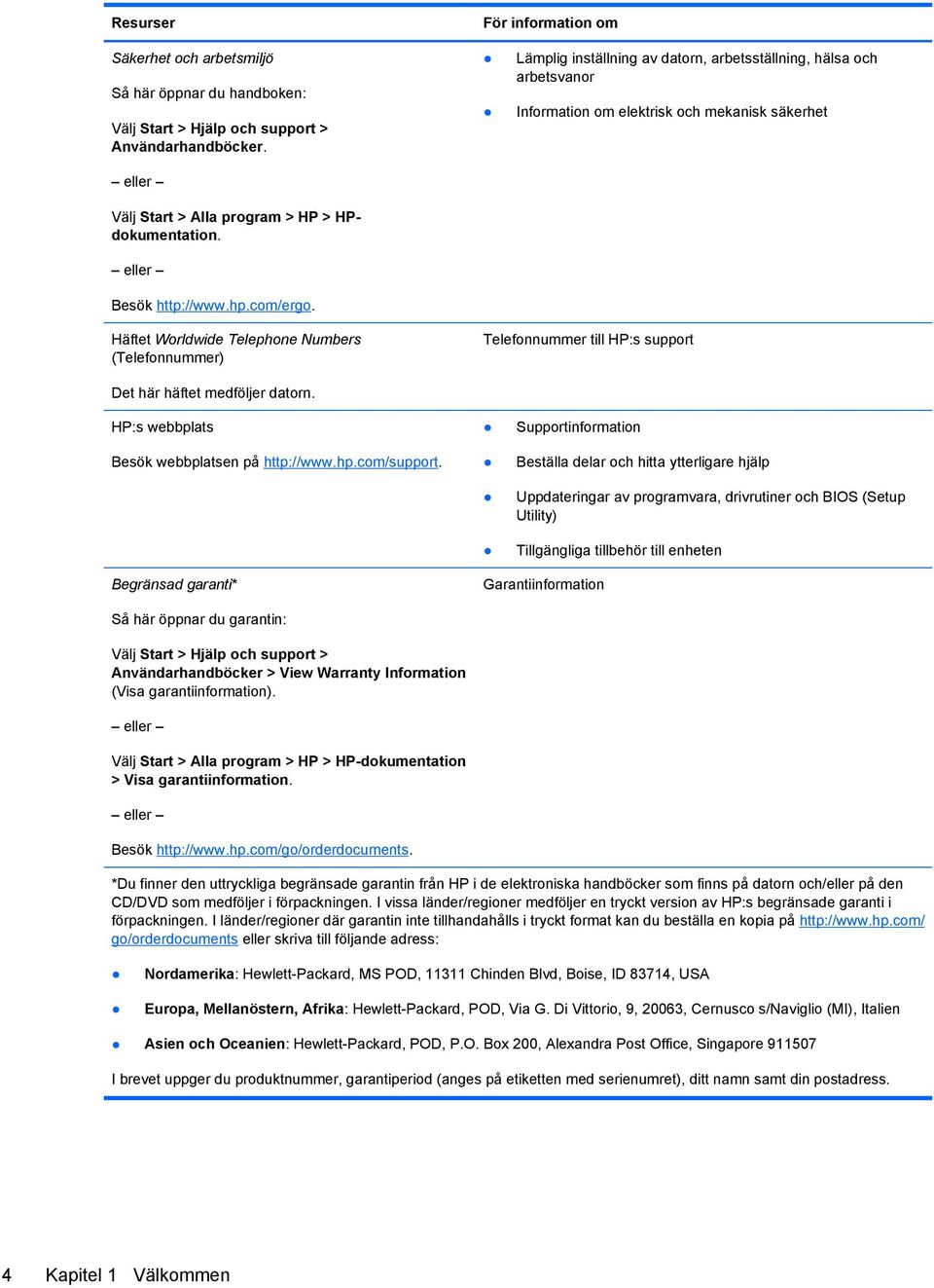 Lämplig inställning av datorn, arbetsställning, hälsa och arbetsvanor Information om elektrisk och mekanisk säkerhet Häftet Worldwide Telephone Numbers (Telefonnummer) Telefonnummer till HP:s support