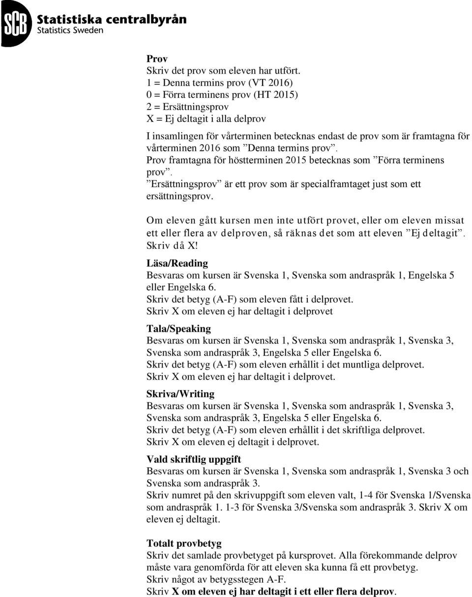 vårterminen 2016 som Denna termins prov. Prov framtagna för höstterminen 2015 betecknas som Förra terminens prov. Ersättningsprov är ett prov som är specialframtaget just som ett ersättningsprov.