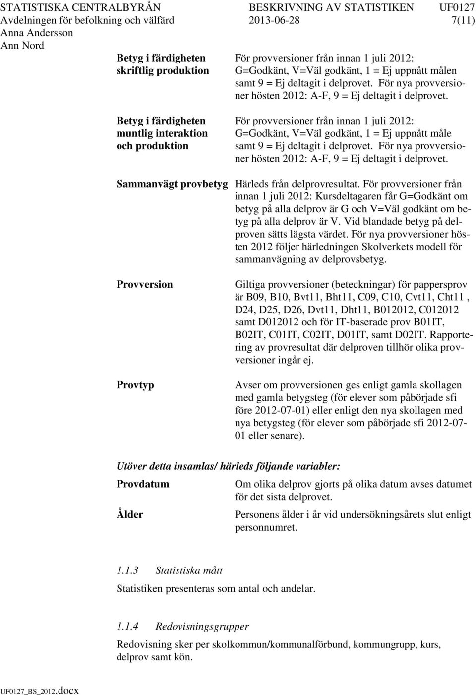 Betyg i färdigheten För provversioner från innan 1 juli 2012: muntlig interaktion G=Godkänt, V=Väl godkänt, 1 = Ej uppnått måle och produktion samt 9 = Ej  Sammanvägt provbetyg Härleds från