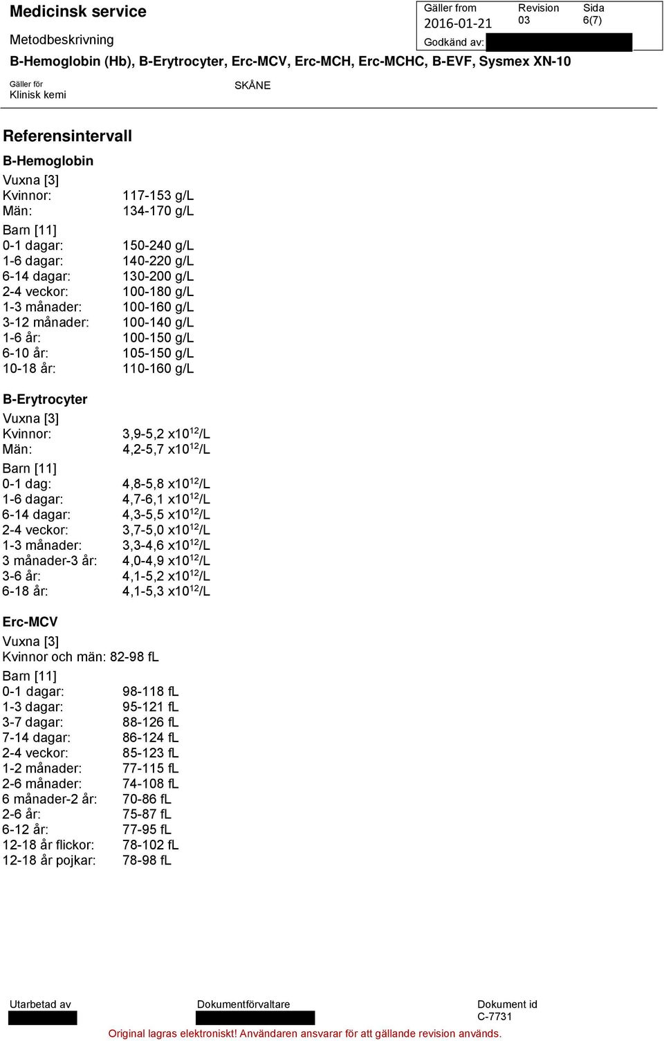 12 /L 6-14 dagar: 4,3-5,5 x10 12 /L 2-4 veckor: 3,7-5,0 x10 12 /L 1-3 månader: 3,3-4,6 x10 12 /L 3 månader-3 år: 4,0-4,9 x10 12 /L 3-6 år: 4,1-5,2 x10 12 /L 6-18 år: 4,1-5,3 x10 12 /L Erc-MCV Kvinnor