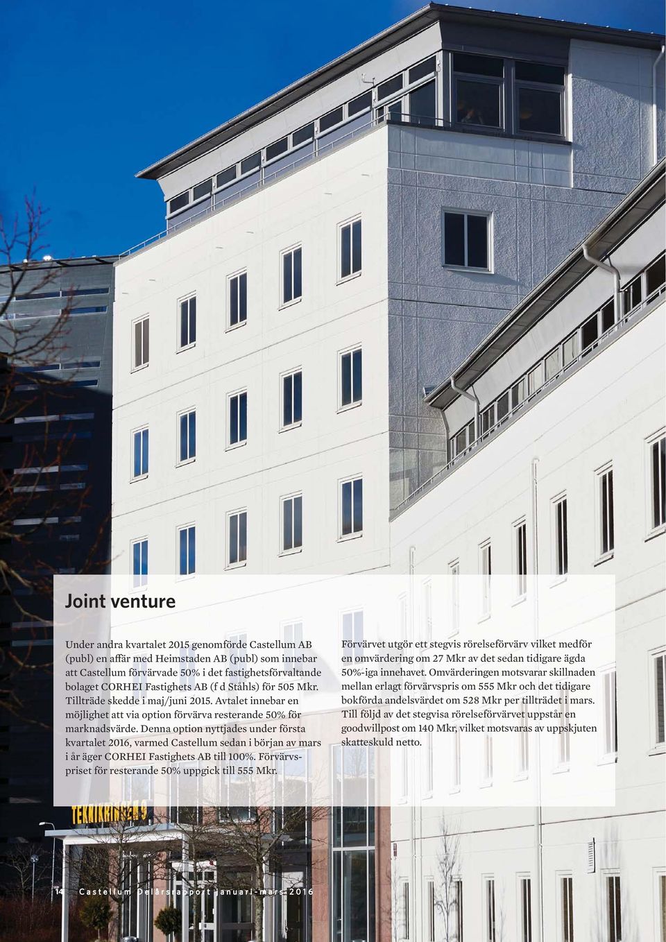 Denna option nyttjades under första kvartalet, varmed Castellum sedan i början av mars i år äger CORHEI Fastighets AB till 100%. Förvärvspriset för resterande 50% uppgick till 555.