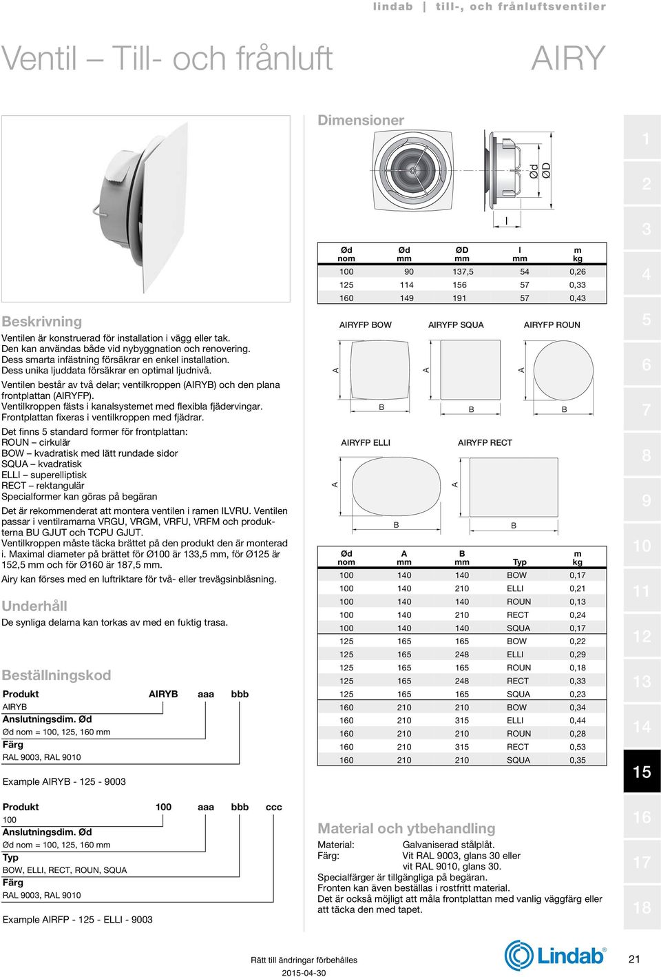 Frontplattan fixeras i ventilkroppen med fjädrar.