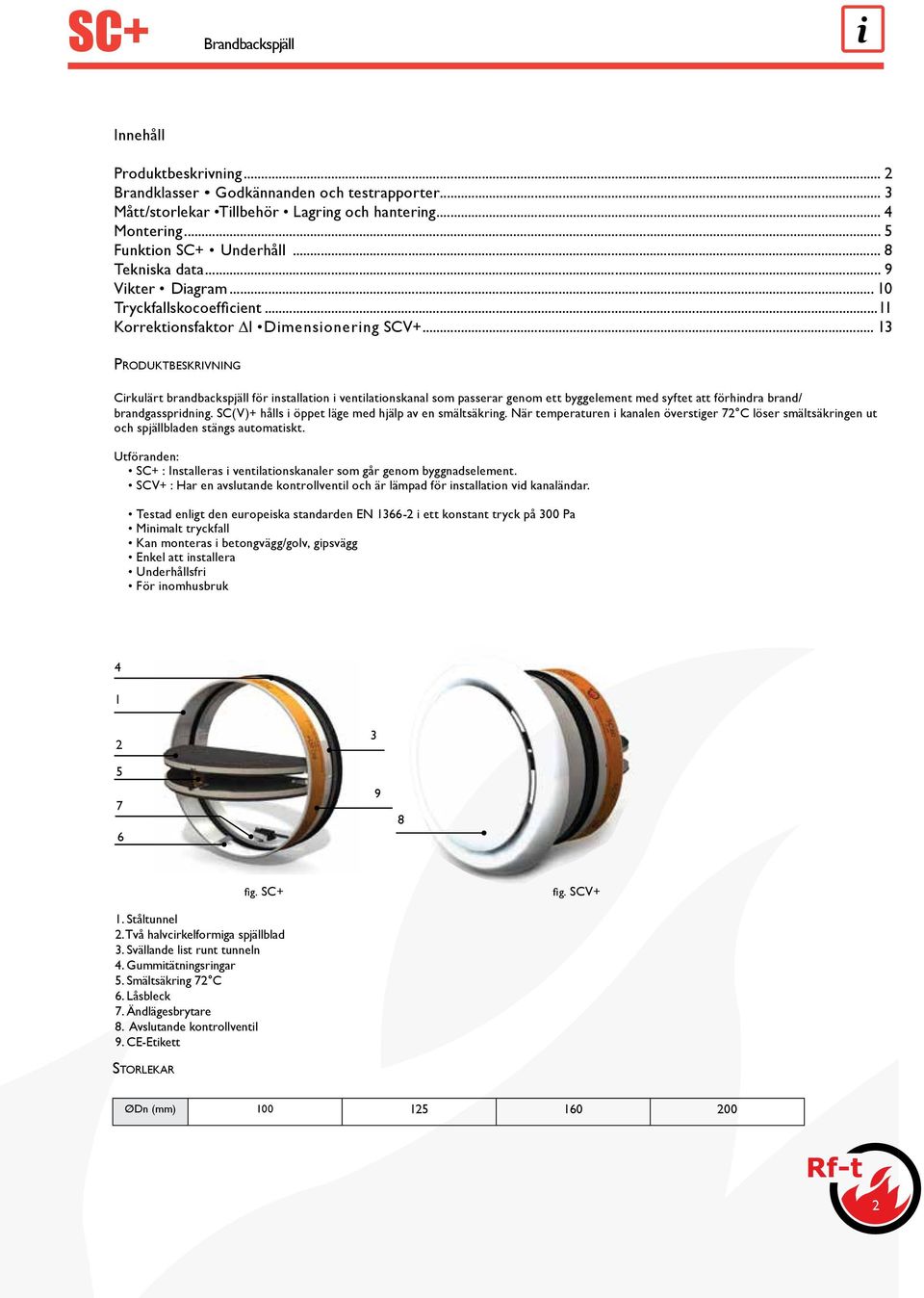 .. 13 PRODUKTBESKRIVNING Cirkulärt brandbackspjäll för installation i ventilationskanal som passerar genom ett byggelement med syftet att förhindra brand/ brandgasspridning.
