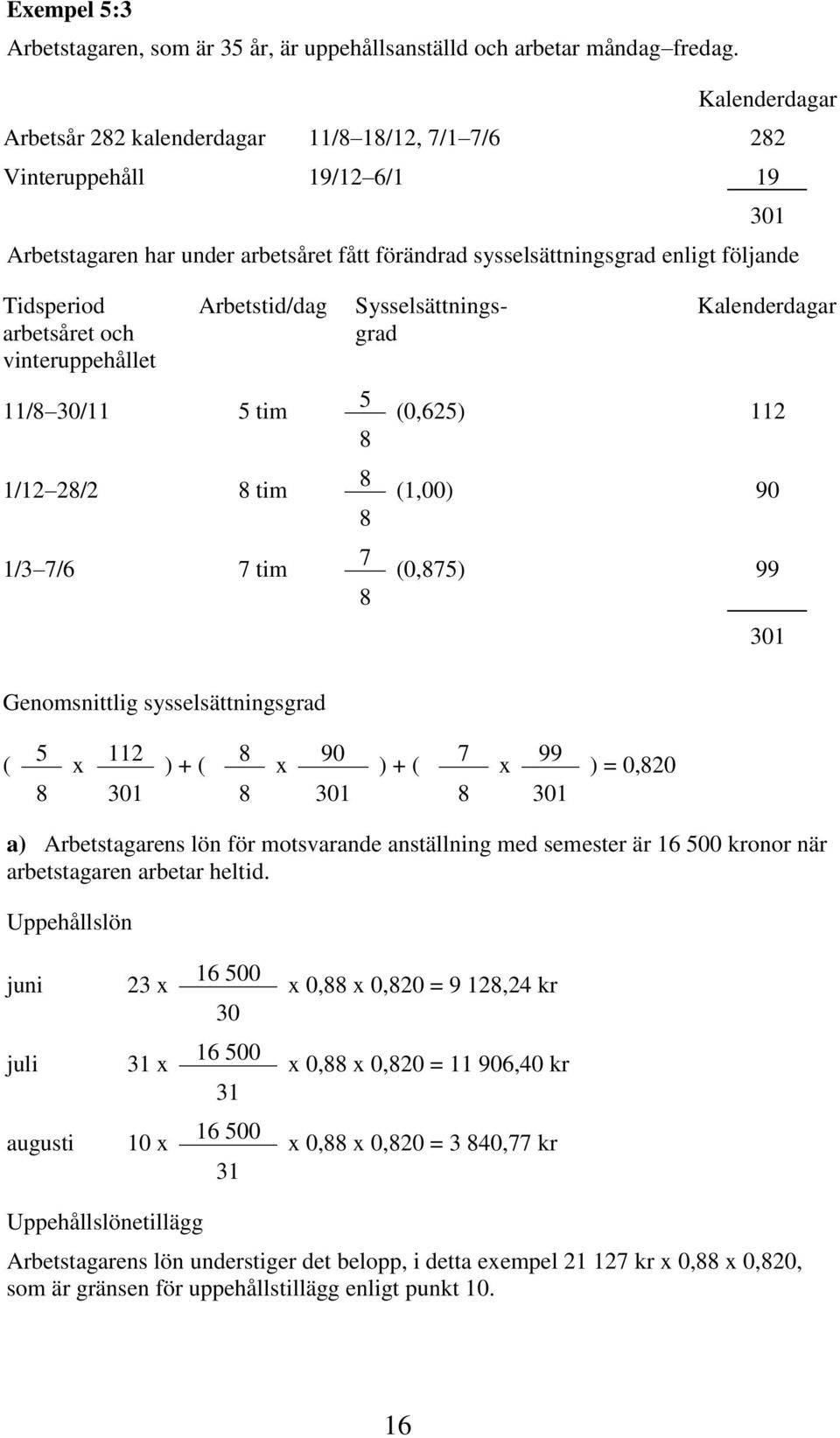 vinteruppehållet Arbetstid/dag 11/8 30/11 5 tim 1/12 28/2 8 tim 1/3 7/6 7 tim Sysselsättningsgrad 5 8 8 8 7 8 (0,625) 112 (1,00) 90 (0,875) 99 301 Genomsnittlig sysselsättningsgrad ( 5 x 112 ) + ( 8