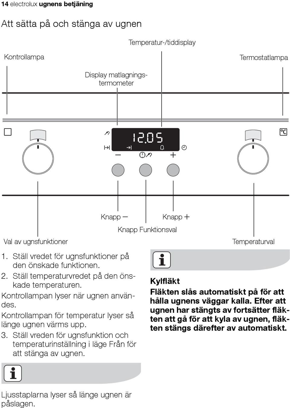 Kontrollampan för temperatur lyser så länge ugnen värms upp. 3. Ställ vreden för ugnsfunktion och temperaturinställning i läge Från för att stänga av ugnen.