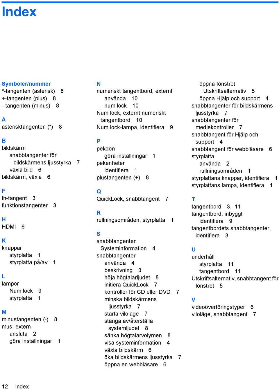 numeriskt tangentbord, externt använda 10 num lock 10 Num lock, externt numeriskt tangentbord 10 Num lock-lampa, identifiera 9 P pekdon göra inställningar 1 pekenheter identifiera 1 plustangenten (+)