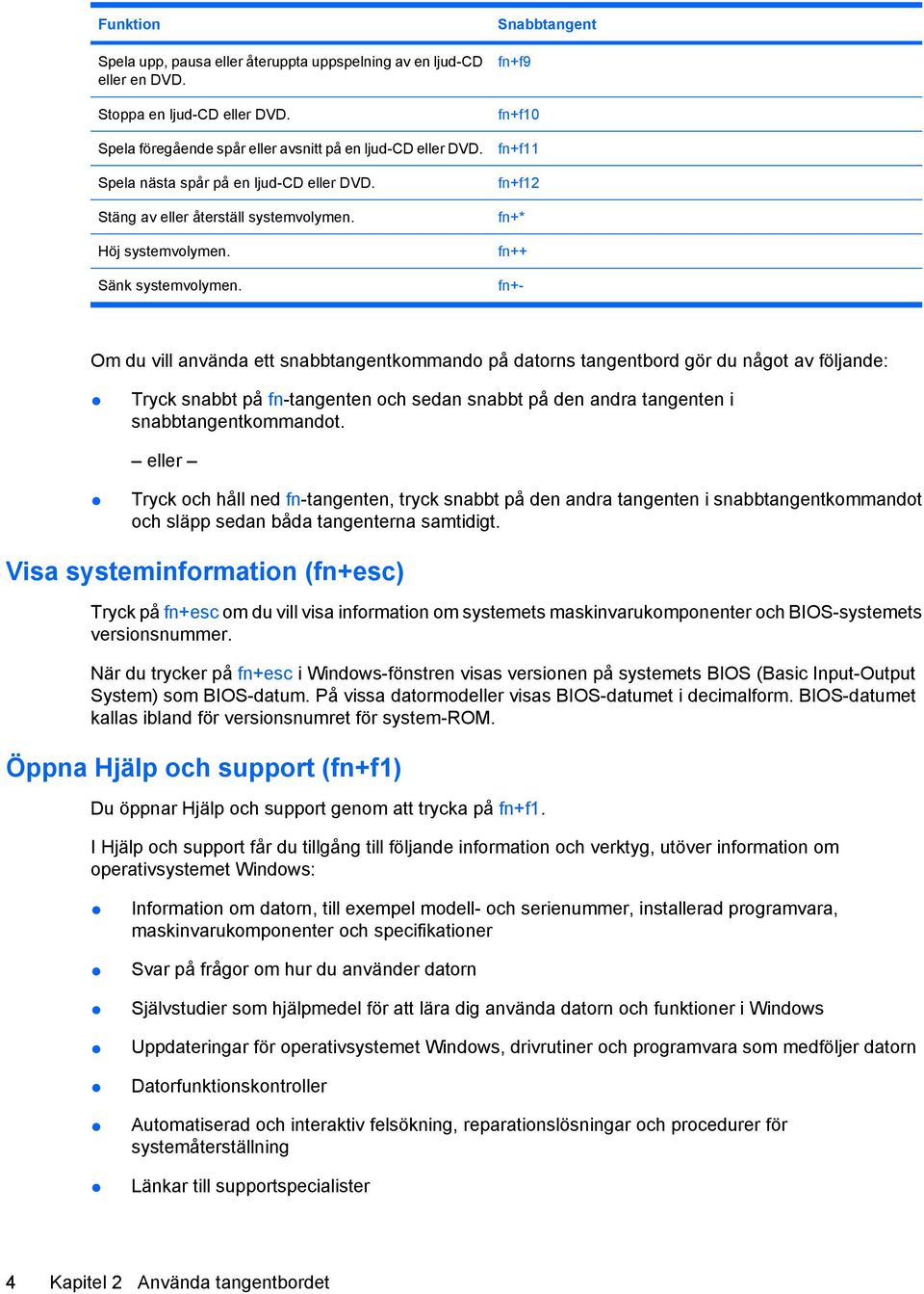 Snabbtangent fn+f9 fn+f10 fn+f11 fn+f12 fn+* fn++ fn+- Om du vill använda ett snabbtangentkommando på datorns tangentbord gör du något av följande: Tryck snabbt på fn-tangenten och sedan snabbt på