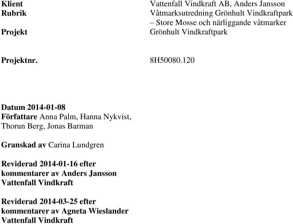 120 Datum 2014-01-08 Författare Anna Palm, Hanna Nykvist, Thorun Berg, Jonas Barman Granskad av Carina Lundgren