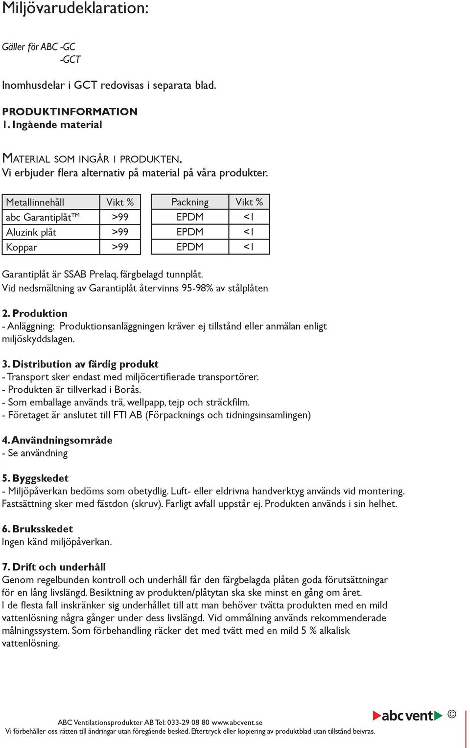 Metallinnehåll Vikt % abc Garantiplåt TM >99 Aluzink plåt >99 Koppar >99 Packning Vikt % EPDM <1 EPDM <1 EPDM <1 Garantiplåt är SSAB Prelaq, färgbelagd tunnplåt.