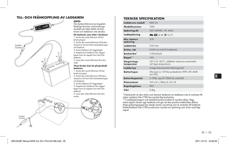 Anslut laddaren till vägguttaget. 4. Koppla bort laddaren från vägguttaget innan du kopplar bort den från batteriet. 5. Lossa den svarta klämman före den röda.