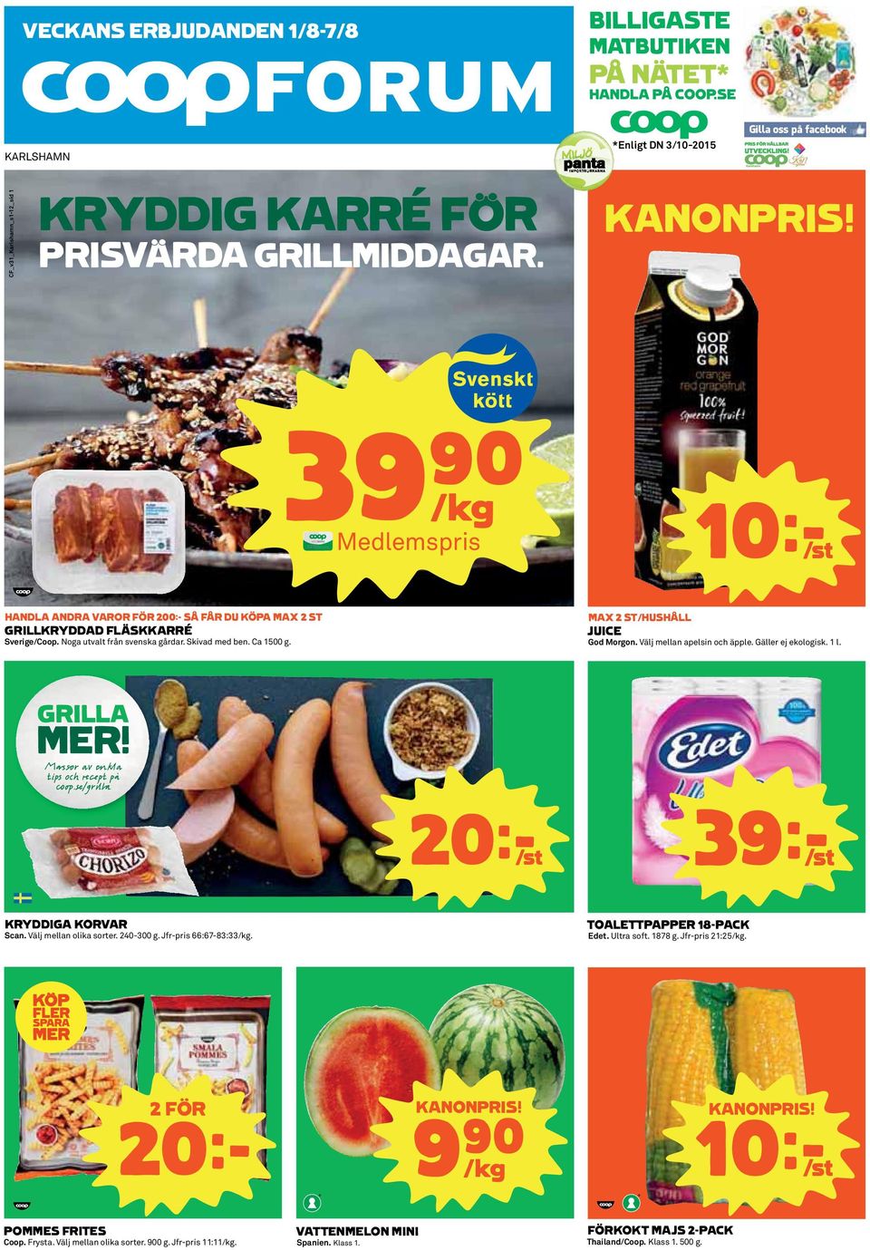 39)= /kg Medlemspris 10k/st HANDLA ANDRA VAROR FÖR 200:- SÅ FÅR DU KÖPA MAX 2 ST GRILLKRYDDAD FLÄSKKARRÉ Sverige/Coop. Noga utvalt från svenska gårdar. Skivad med ben. Ca 1500 g.