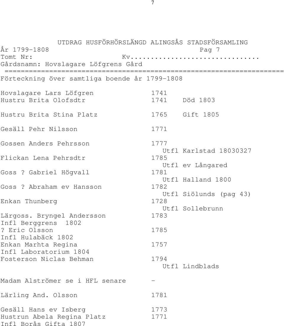 Pehrsson 1777 Utfl Karlstad 18030327 Flickan Lena Pehrsdtr 1785 Utfl ev Långared Goss? Gabriel Högvall 1781 Utfl Halland 1800 Goss?