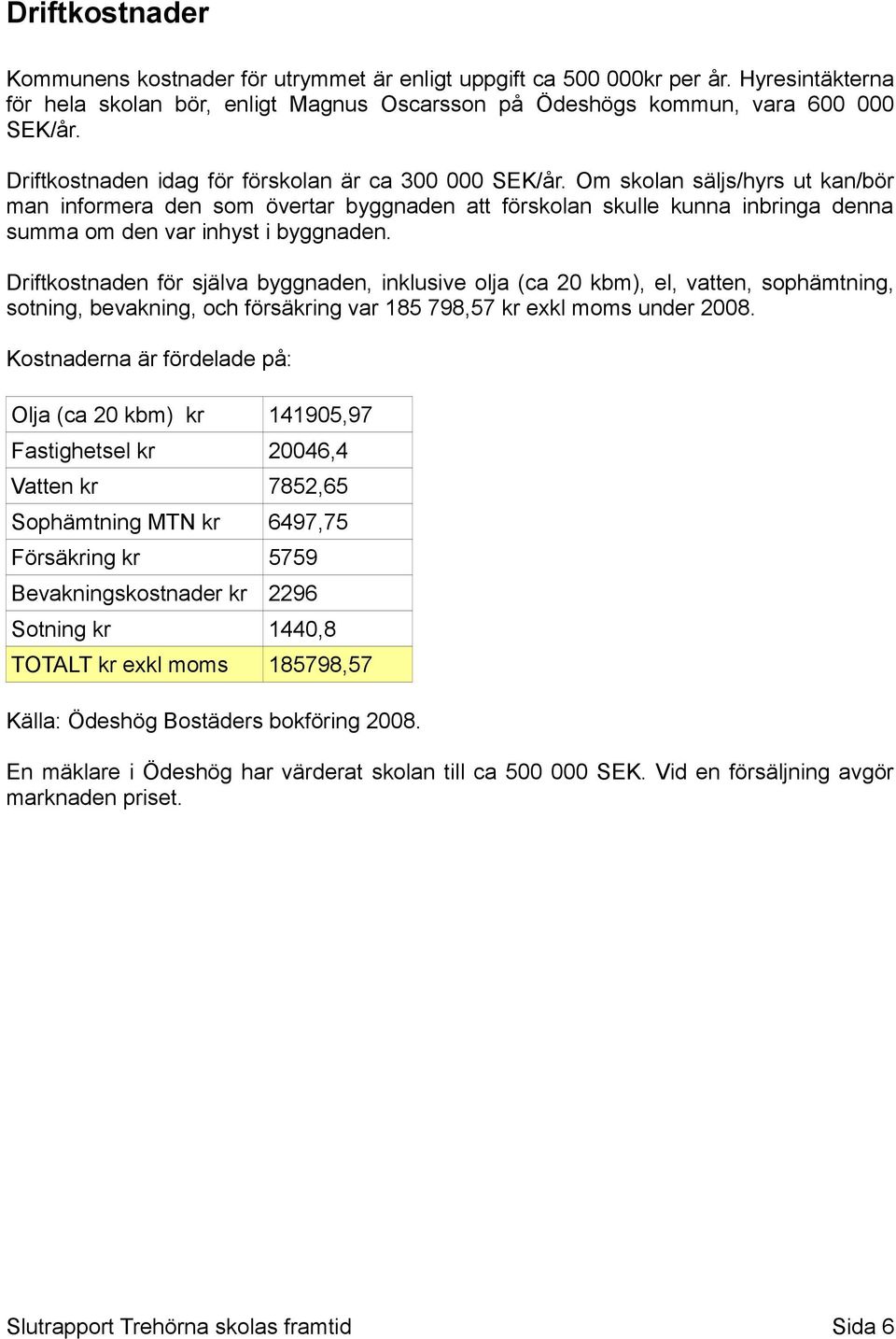 Om skolan säljs/hyrs ut kan/bör man informera den som övertar byggnaden att förskolan skulle kunna inbringa denna summa om den var inhyst i byggnaden.