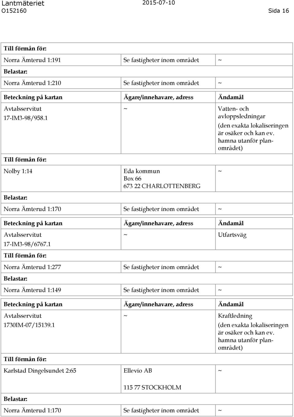 hamna utanför planområdet) Nolby 1:14 Norra Ämterud 1:170 Se fastigheter inom området 17-IM3-98/6767.