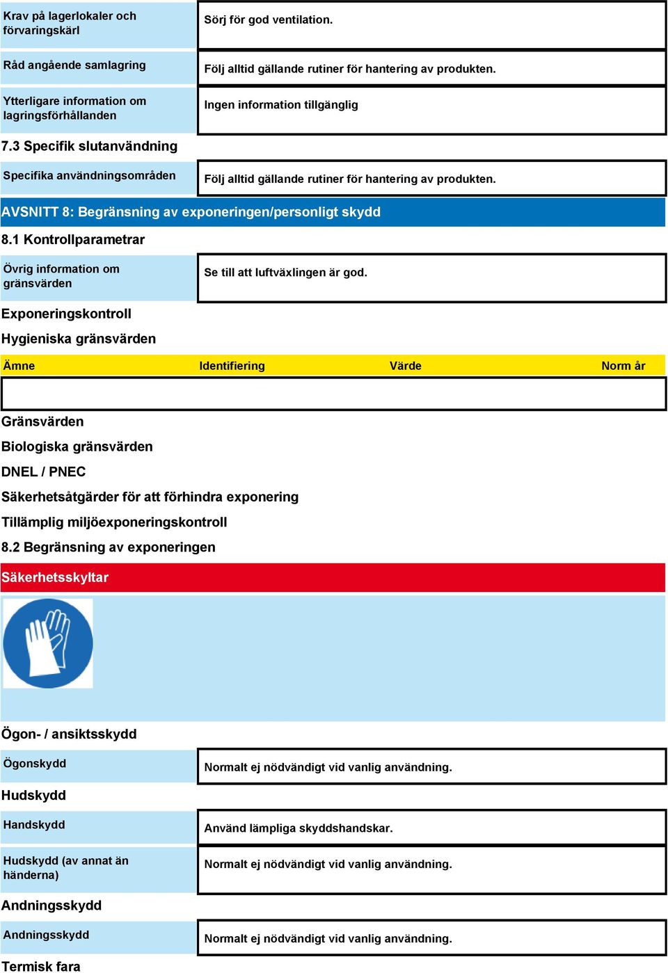 1 Kontrollparametrar Övrig information om gränsvärden Se till att luftväxlingen är god.