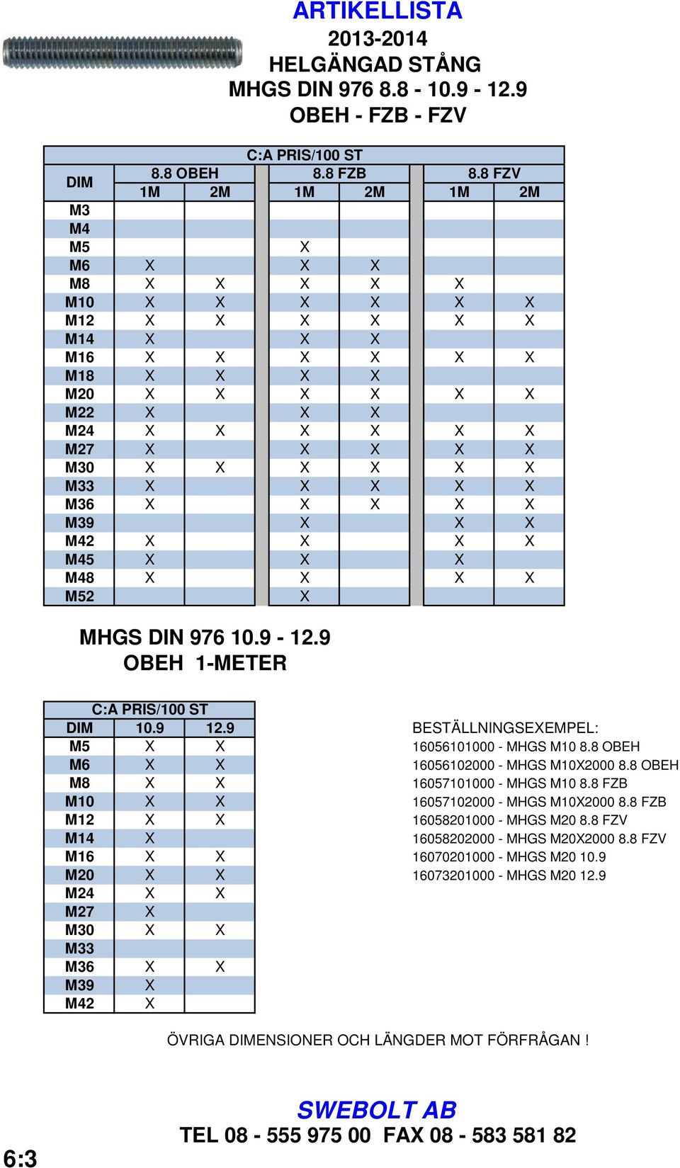 9 BESTÄLLNINGSEEMPEL: M5 16056101000 - MHGS M10 8.8 OBEH M6 16056102000 - MHGS M102000 8.8 OBEH M8 16057101000 - MHGS M10 8.8 FZB M10 16057102000 - MHGS M102000 8.