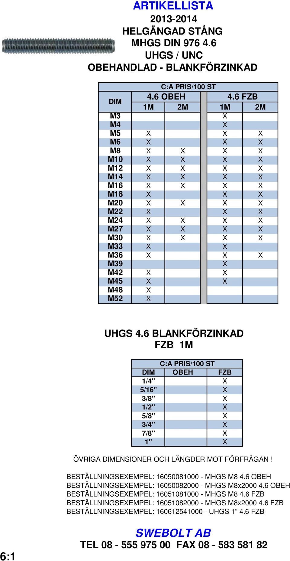 6 BLANKFÖRZINKAD FZB 1M DIM OBEH FZB 1/4" 5/16" 3/8" 1/2" 5/8" 3/4" 7/8" 1" ÖVRIGA DIMENSIONER OCH LÄNGDER MOT FÖRFRÅGAN!