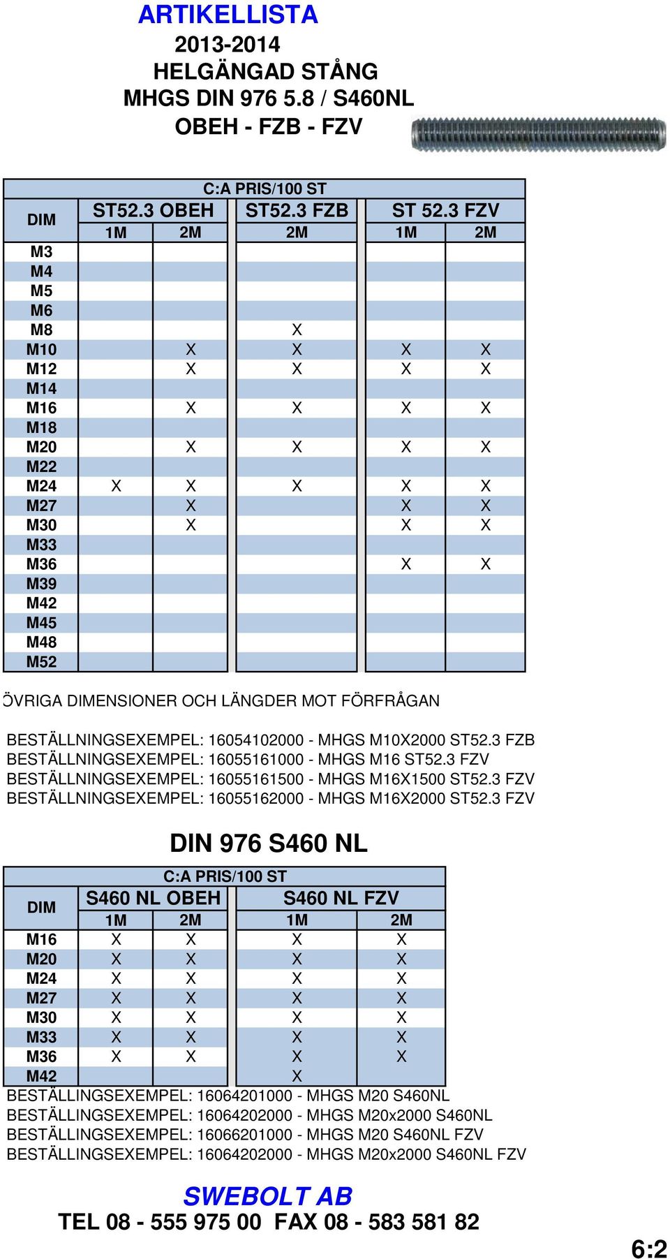 3 FZB BESTÄLLNINGSEEMPEL: 16055161000 - MHGS M16 ST52.3 FZV BESTÄLLNINGSEEMPEL: 16055161500 - MHGS M161500 ST52.3 FZV BESTÄLLNINGSEEMPEL: 16055162000 - MHGS M162000 ST52.