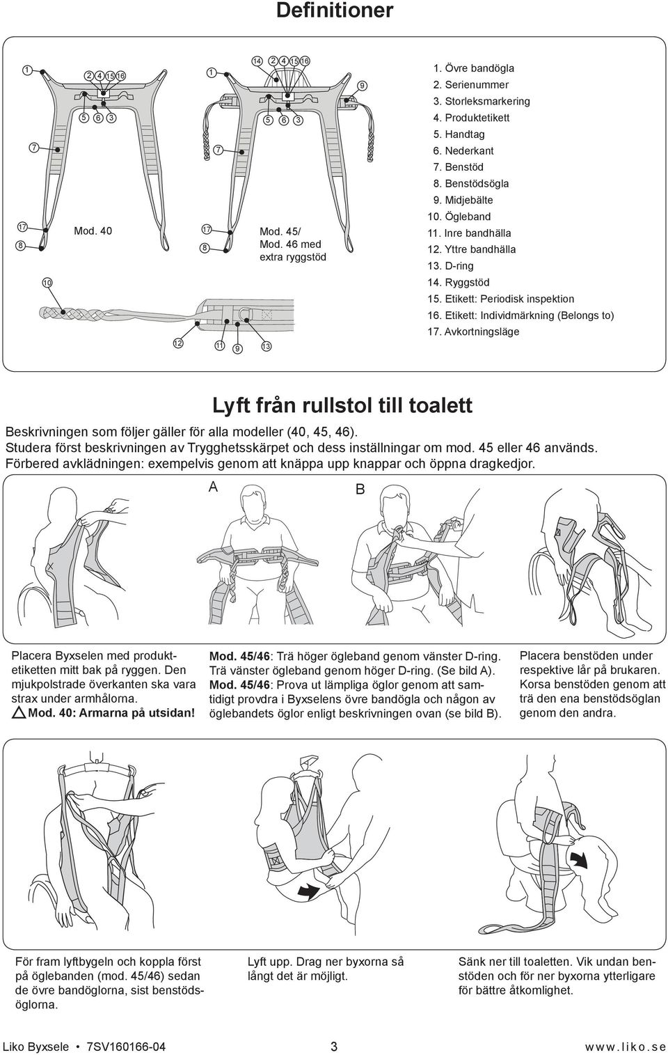 Etikett: Individmärkning (Belongs to) 17. Avkortningsläge Lyft från rullstol till toalett Beskrivningen som följer gäller för alla modeller (40, 45, 46).