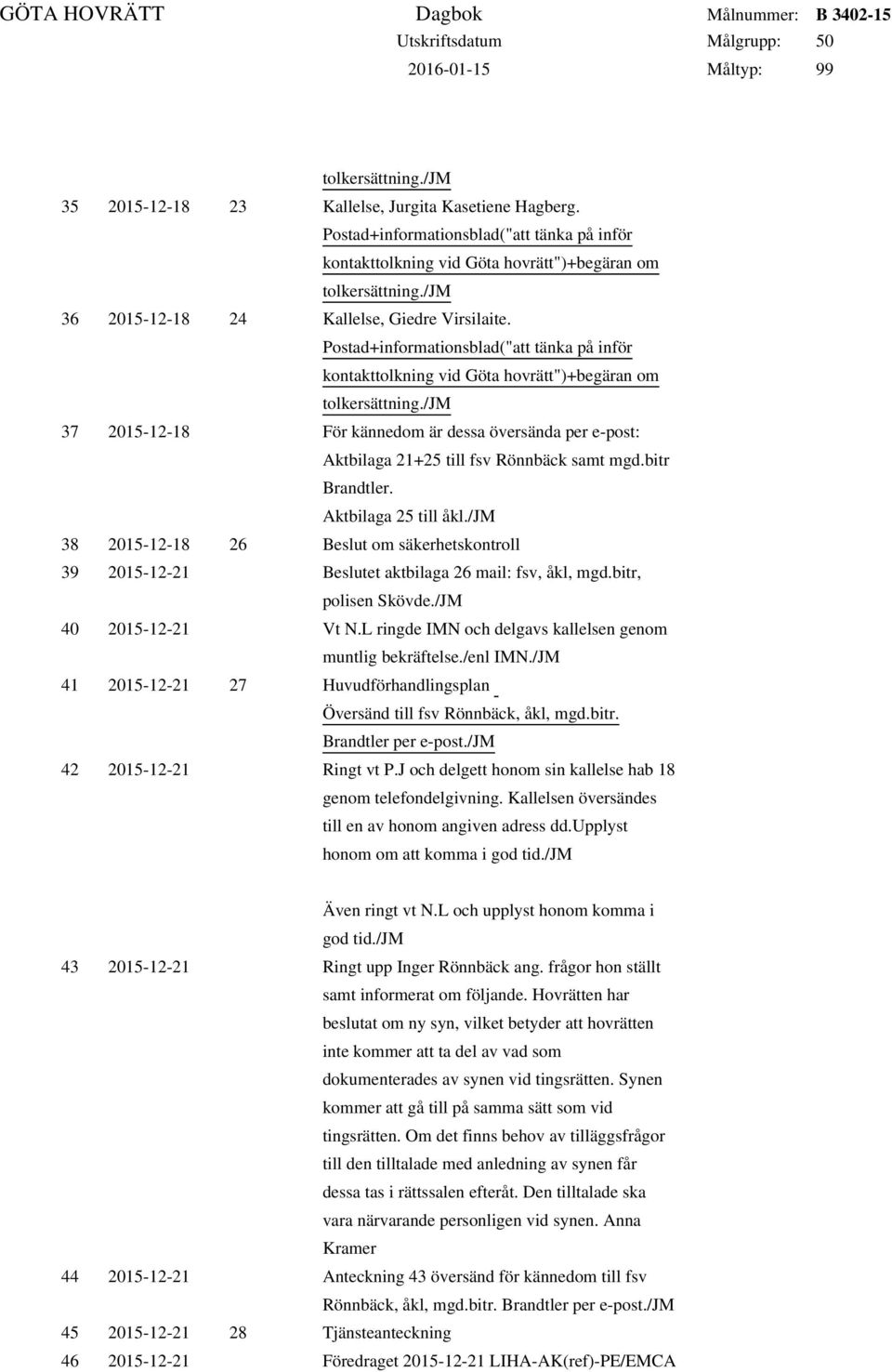 /jm 37 2015-12-18 För kännedom är dessa översända per e-post: Aktbilaga 21+25 till fsv Rönnbäck samt mgd.bitr Brandtler. Aktbilaga 25 till åkl.