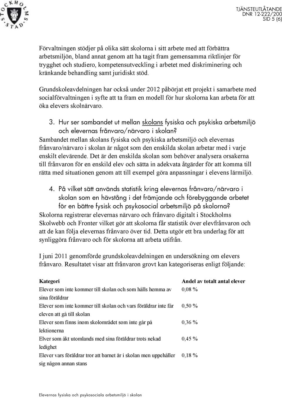 Grundskoleavdelningen har också under 2012 påbörjat ett projekt i samarbete med socialförvaltningen i syfte att ta fram en modell för hur skolorna kan arbeta för att öka elevers skolnärvaro. 3.