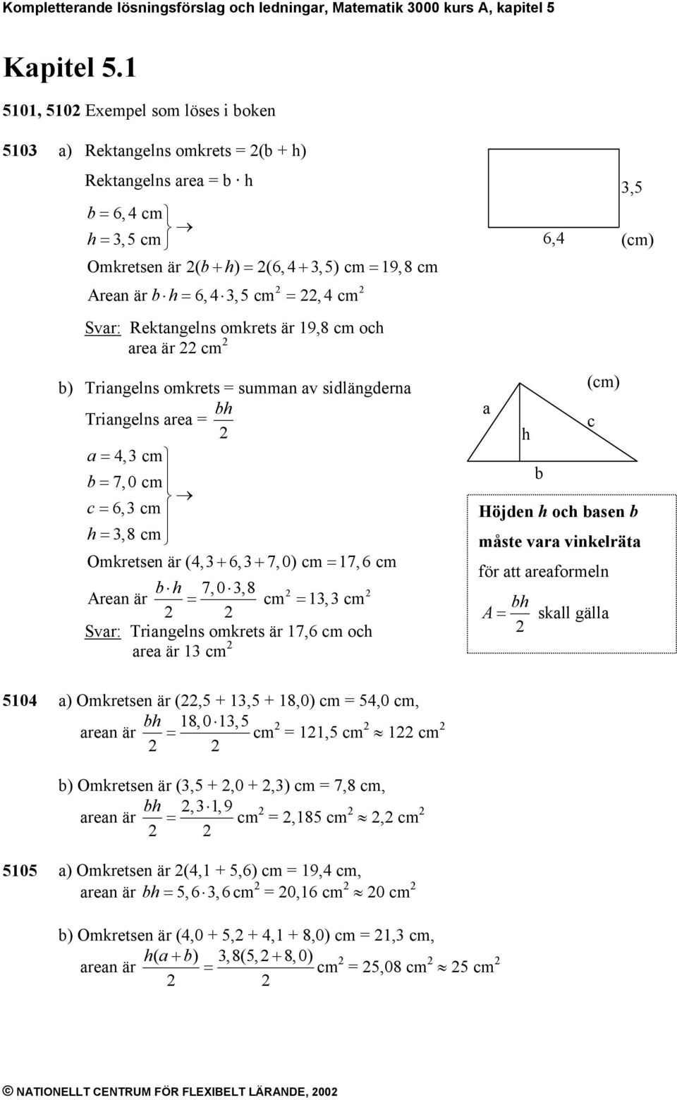 Svar: Rektangelns omkrets är 19,8 cm och area är cm 6,4,5 (cm) b) Triangelns omkrets = summan av sidlängderna bh Triangelns area = a = 4, cm b = 7,0 cm c = 6, cm h =,8 cm Omkretsen är (4, + 6, + 7,
