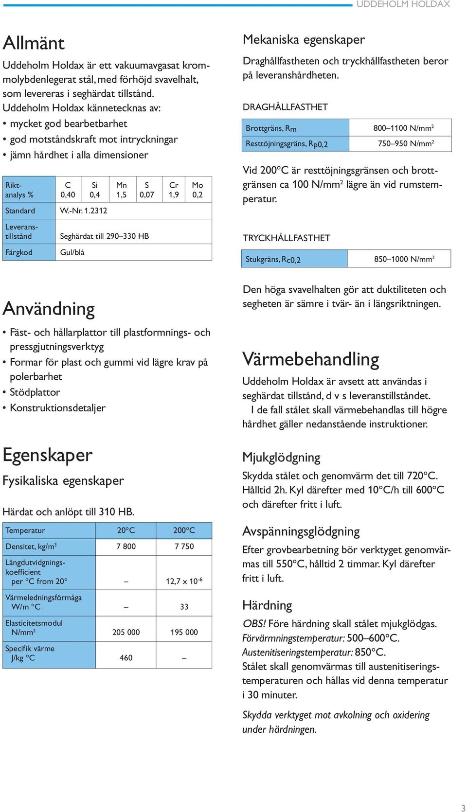 1.2312 Leveranstillstånd Seghärdat till 290 330 HB Färgkod Gul/blå Användning Fäst- och hållarplattor till plastformnings- och pressgjutningsverktyg Formar för plast och gummi vid lägre krav på