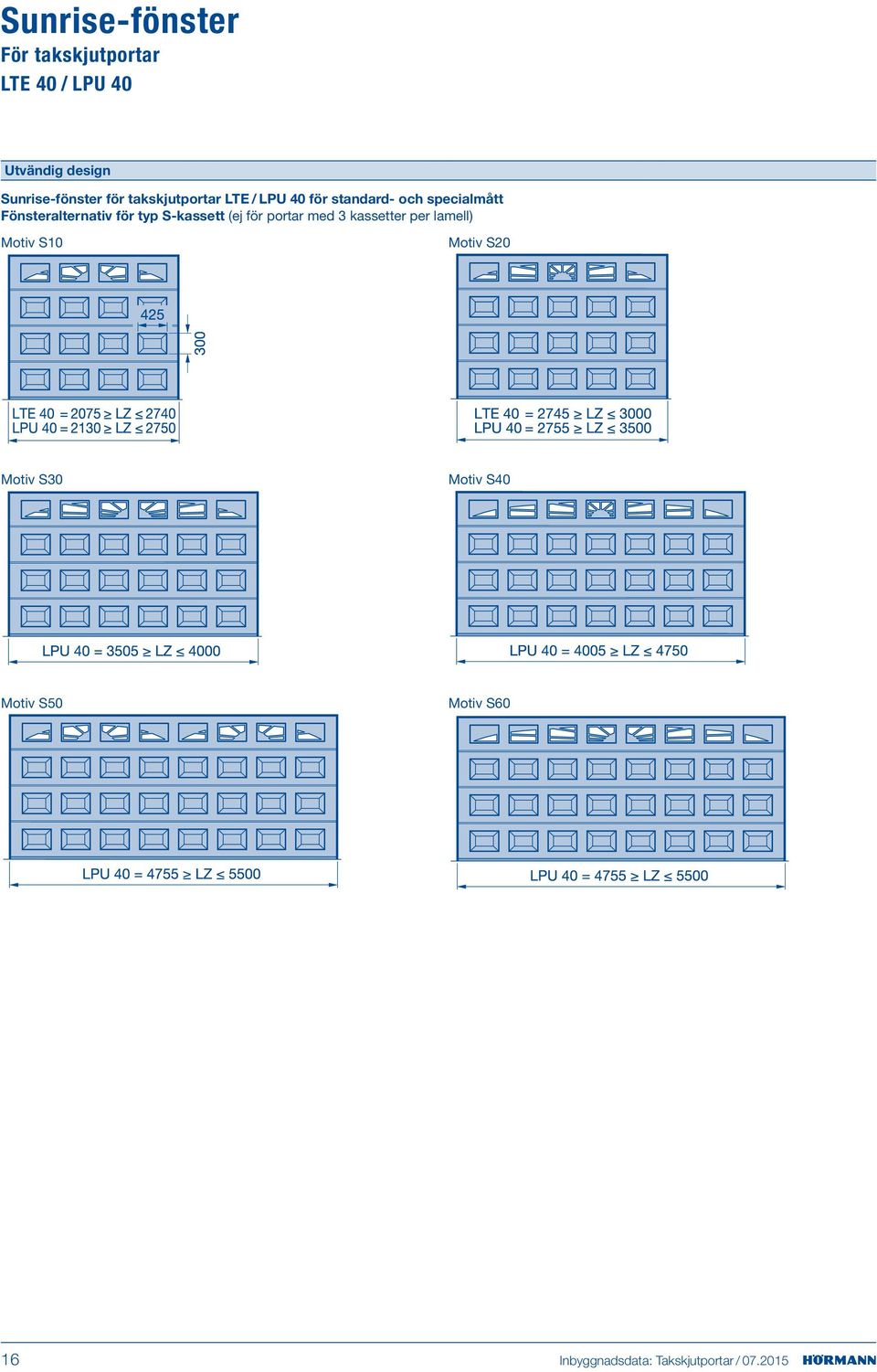 Fönsteralternativ för typ S-kassett (ej för portar med 3 kassetter per lamell)