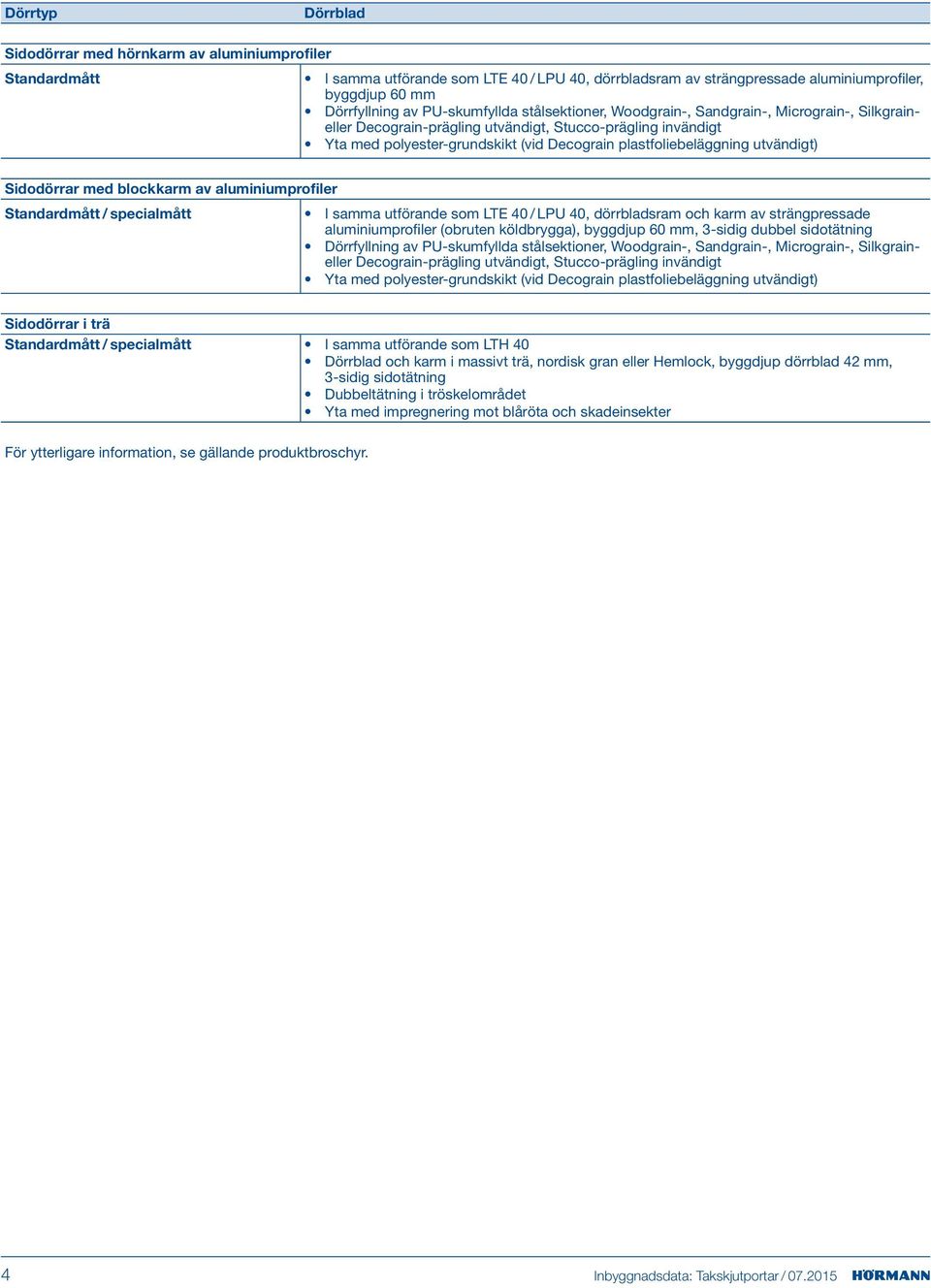 plastfoliebeläggning utvändigt) Sidodörrar med blockkarm av aluminiumprofiler Standardmått / specialmått I samma utförande som LTE 40 / LPU 40, dörrbladsram och karm av strängpressade