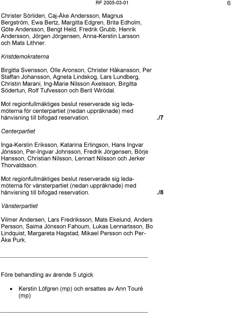 Kristdemokraterna Birgitta Svensson, Olle Aronson, Christer Håkansson, Per Staffan Johansson, Agneta Lindskog, Lars Lundberg, Christin Marani, Ing-Marie Nilsson Axelsson, Birgitta Södertun, Rolf