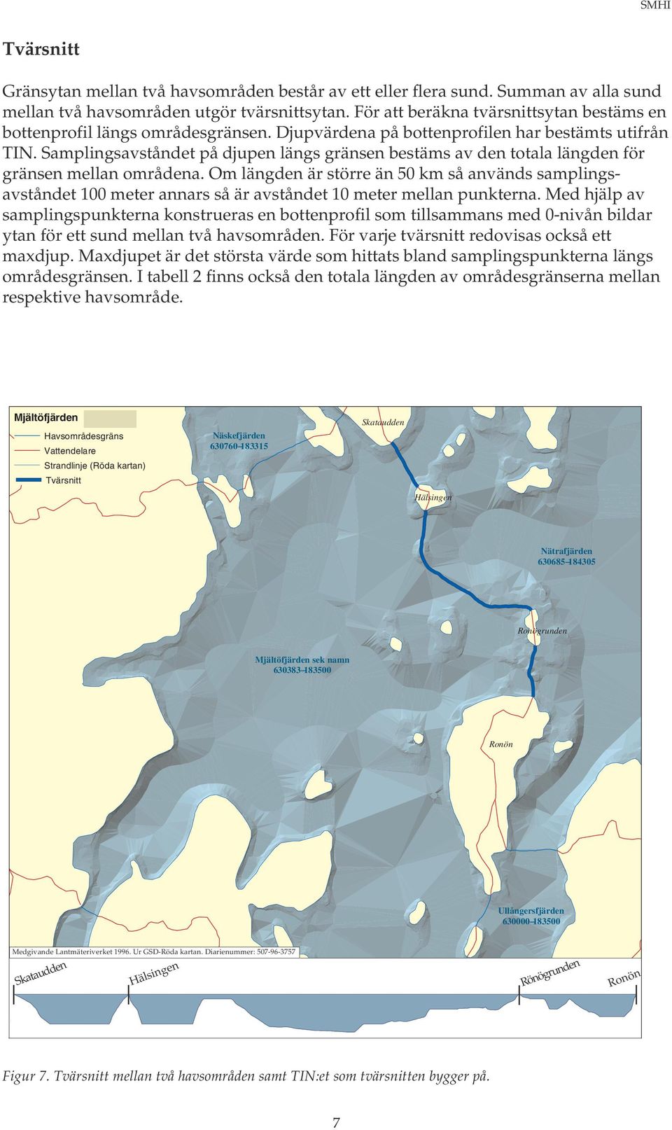 Samplingsavståndet på djupen längs gränsen bestäms av den totala längden för gränsen mellan områdena.