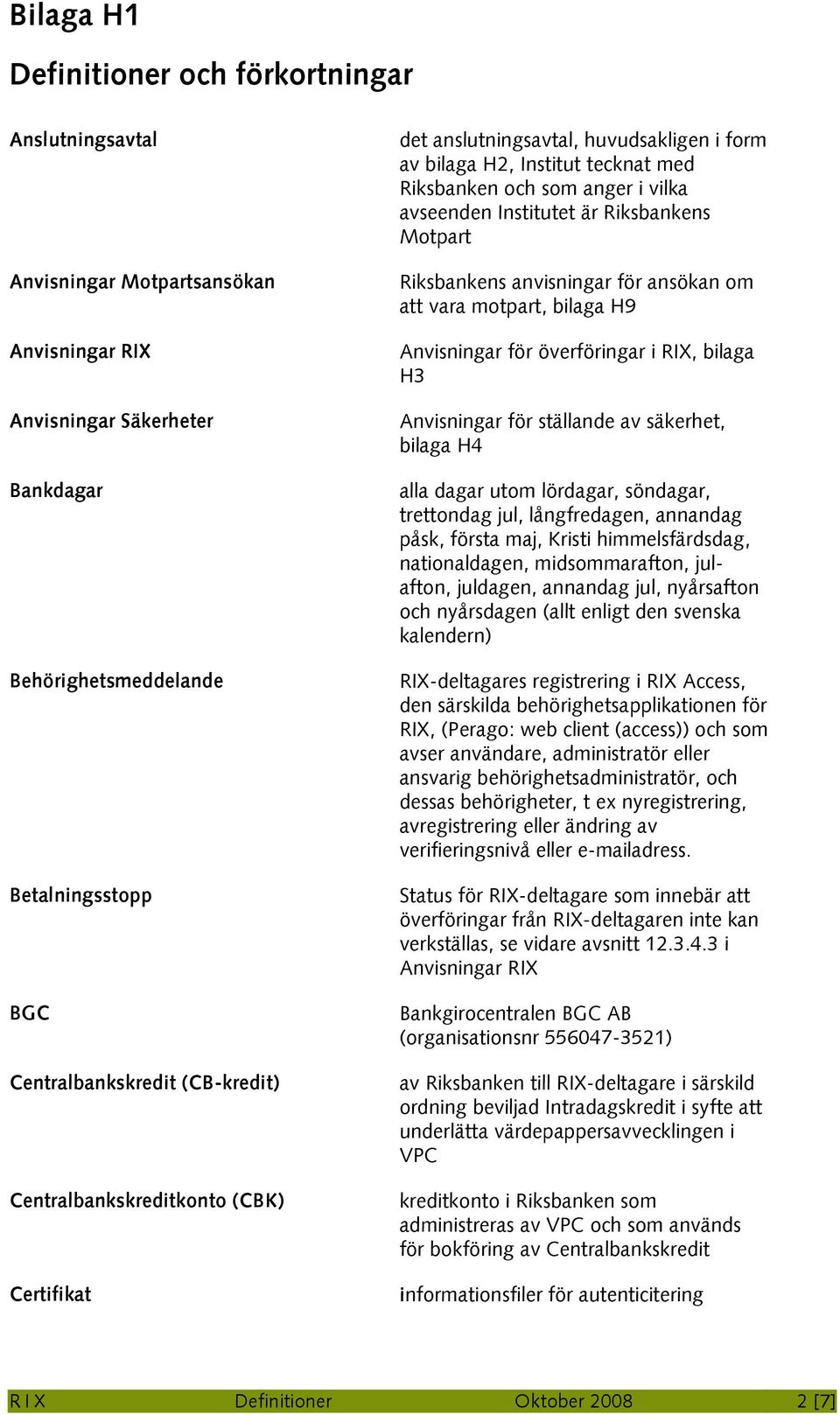 Riksbankens anvisningar för ansökan om att vara motpart, bilaga H9 Anvisningar för överföringar i RIX, bilaga H3 Anvisningar för ställande av säkerhet, bilaga H4 alla dagar utom lördagar, söndagar,
