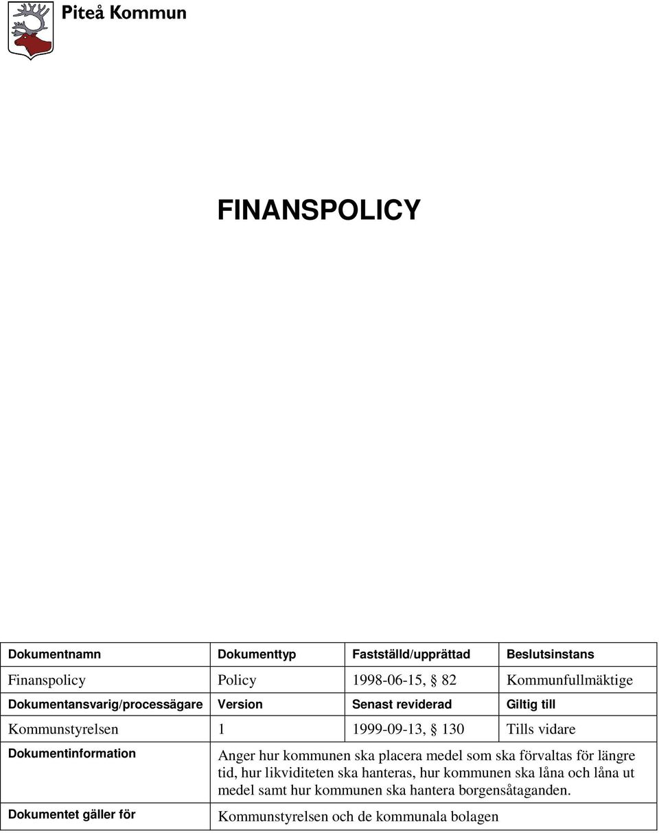 Dokumentinformation Dokumentet gäller för Anger hur kommunen ska placera medel som ska förvaltas för längre tid, hur