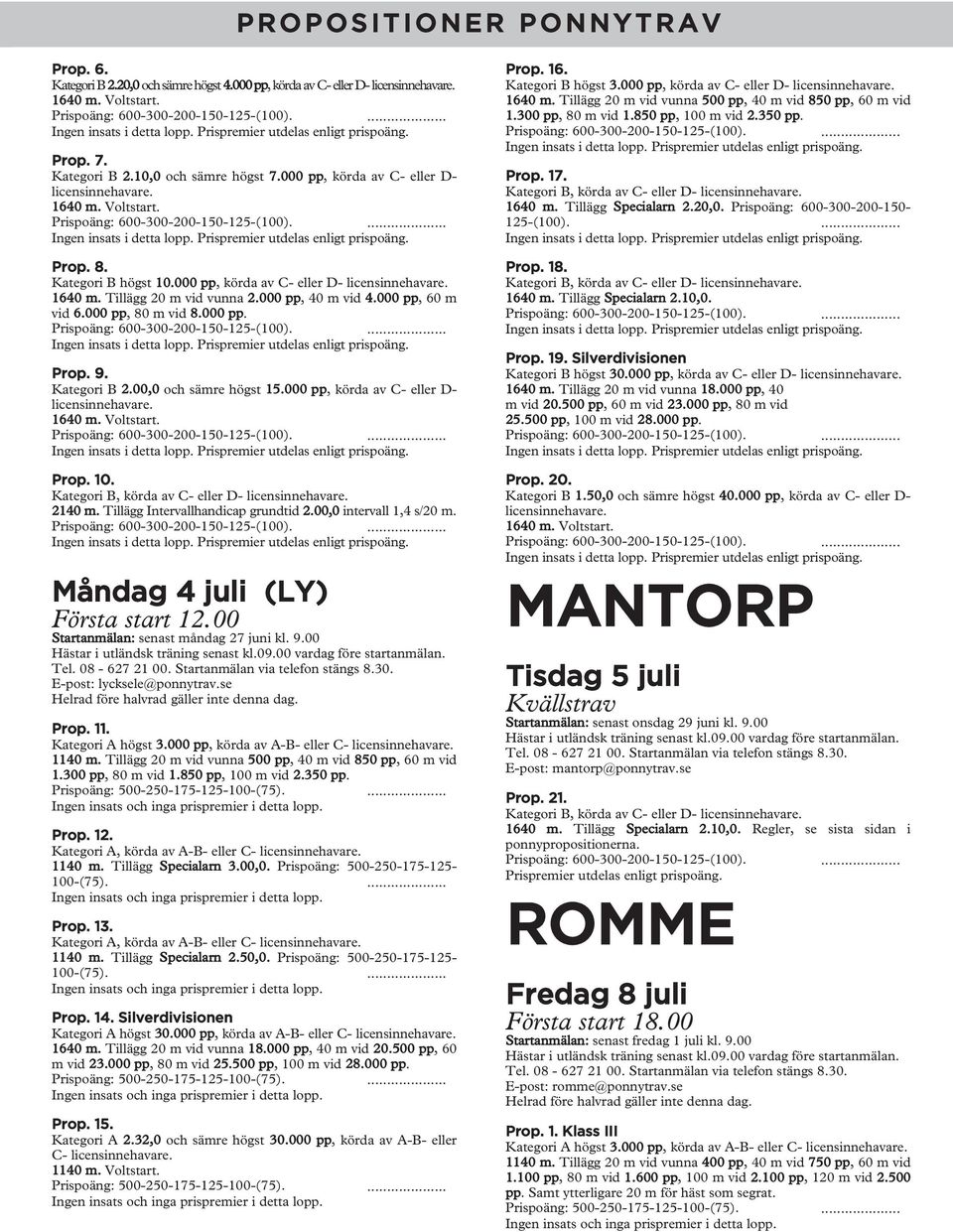 00,0 och sämre högst 15.000 pp, körda av C- eller D- 1640 m. Voltstart. Ingen insats i detta lopp. Prop. 10. 2140 m. Tillägg Intervallhandicap grundtid 2.00,0 intervall 1,4 s/20 m.