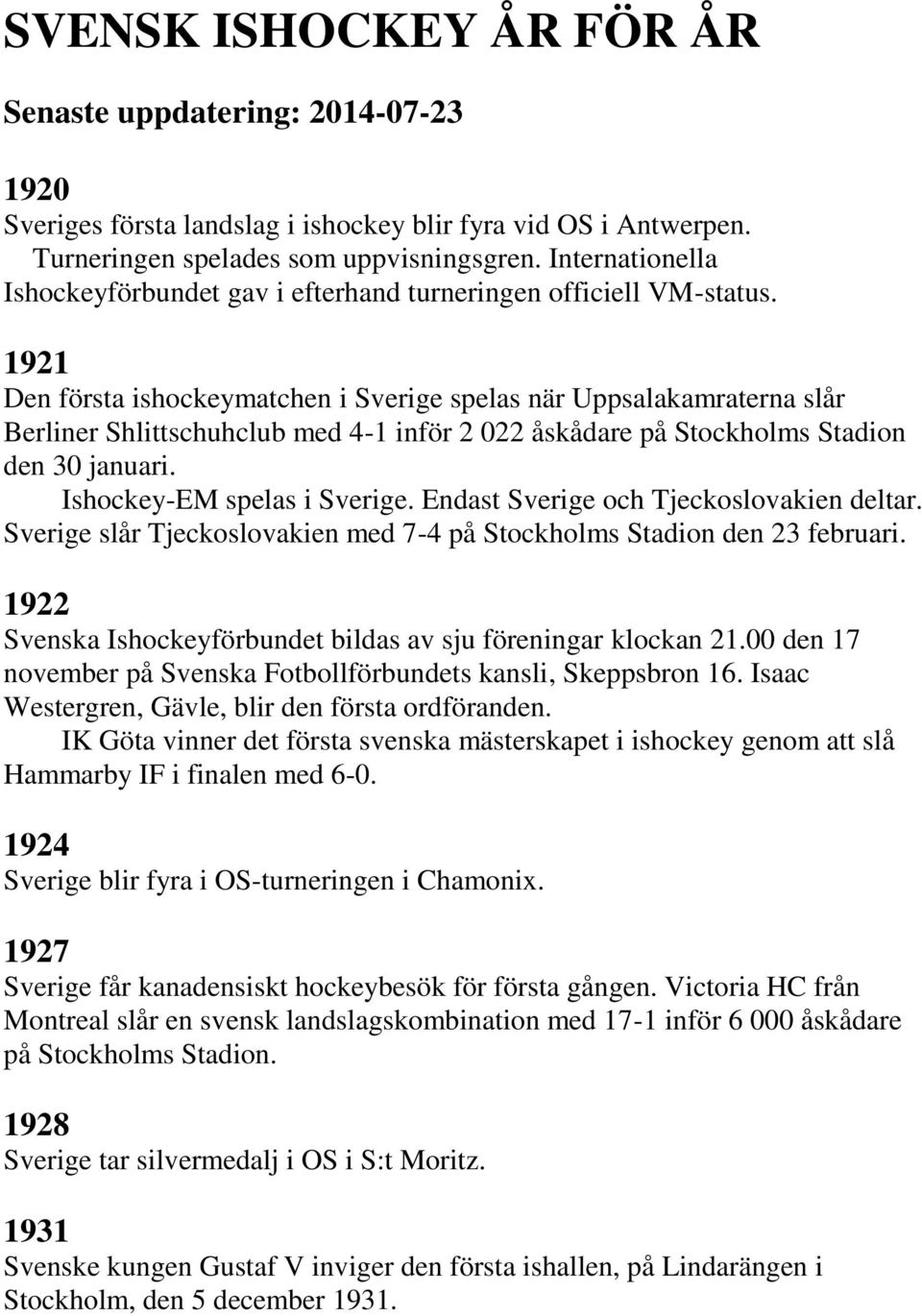 1921 Den första ishockeymatchen i Sverige spelas när Uppsalakamraterna slår Berliner Shlittschuhclub med 4-1 inför 2 022 åskådare på Stockholms Stadion den 30 januari. Ishockey-EM spelas i Sverige.