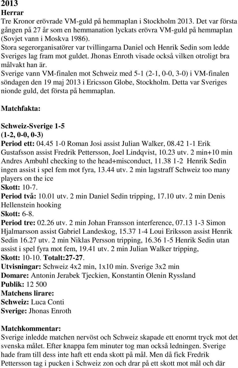 Sverige vann VM-finalen mot Schweiz med 5-1 (2-1, 0-0, 3-0) i VM-finalen söndagen den 19 maj 2013 i Ericsson Globe, Stockholm. Detta var Sveriges nionde guld, det första på hemmaplan.