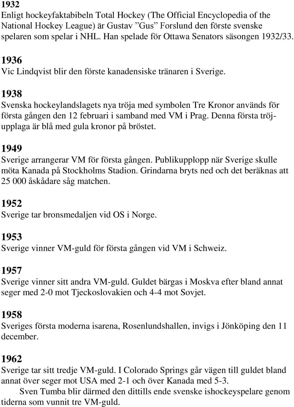 1938 Svenska hockeylandslagets nya tröja med symbolen Tre Kronor används för första gången den 12 februari i samband med VM i Prag. Denna första tröjupplaga är blå med gula kronor på bröstet.