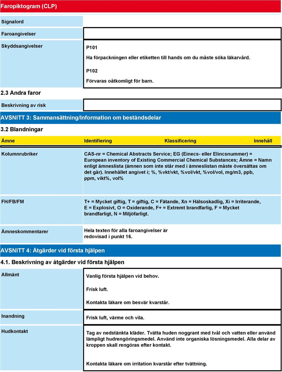 2 Blandningar Ämne Identifiering Klassificering Innehåll Kolumnrubriker CAS-nr = Chemical Abstracts Service; EG (Einecs- eller Elincsnummer) = European inventory of Existing Commercial Chemical
