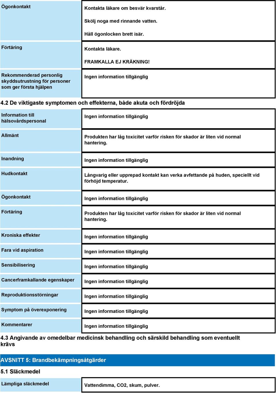 2 De viktigaste symptomen och effekterna, både akuta och fördröjda Information till hälsovårdspersonal Allmänt Produkten har låg toxicitet varför risken för skador är liten vid normal hantering.