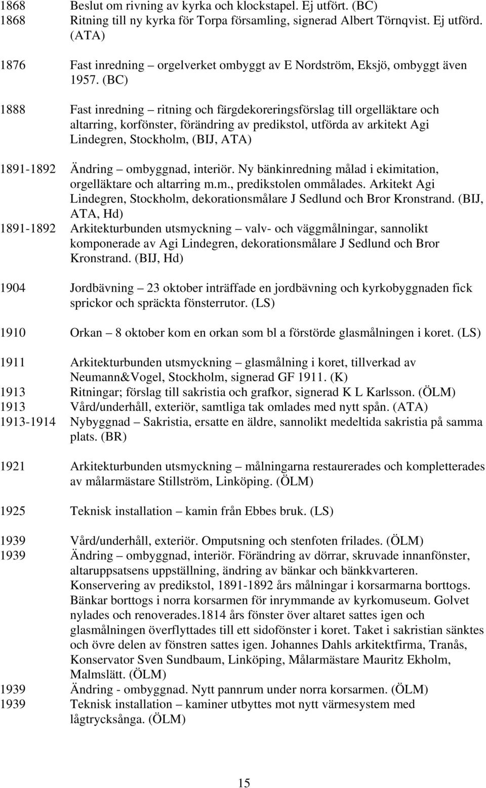 (BC) 1888 Fast inredning ritning och färgdekoreringsförslag till orgelläktare och altarring, korfönster, förändring av predikstol, utförda av arkitekt Agi Lindegren, Stockholm, (BIJ, ATA) 1891-1892