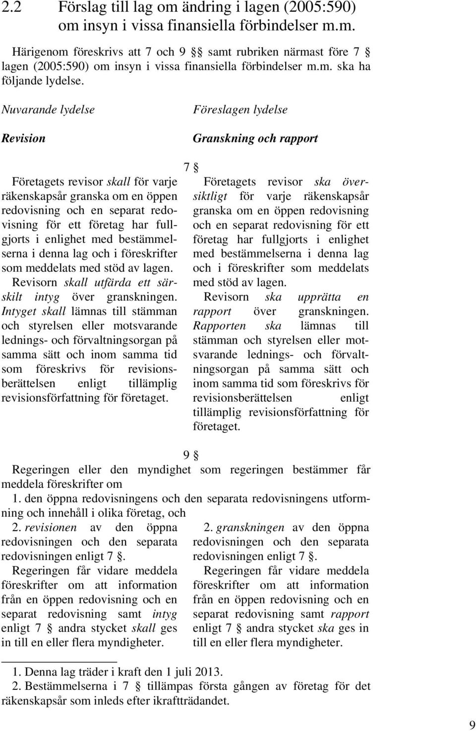 Nuvarande lydelse Revision Föreslagen lydelse Granskning och rapport Företagets revisor skall för varje räkenskapsår granska om en öppen redovisning och en separat redovisning för ett företag har