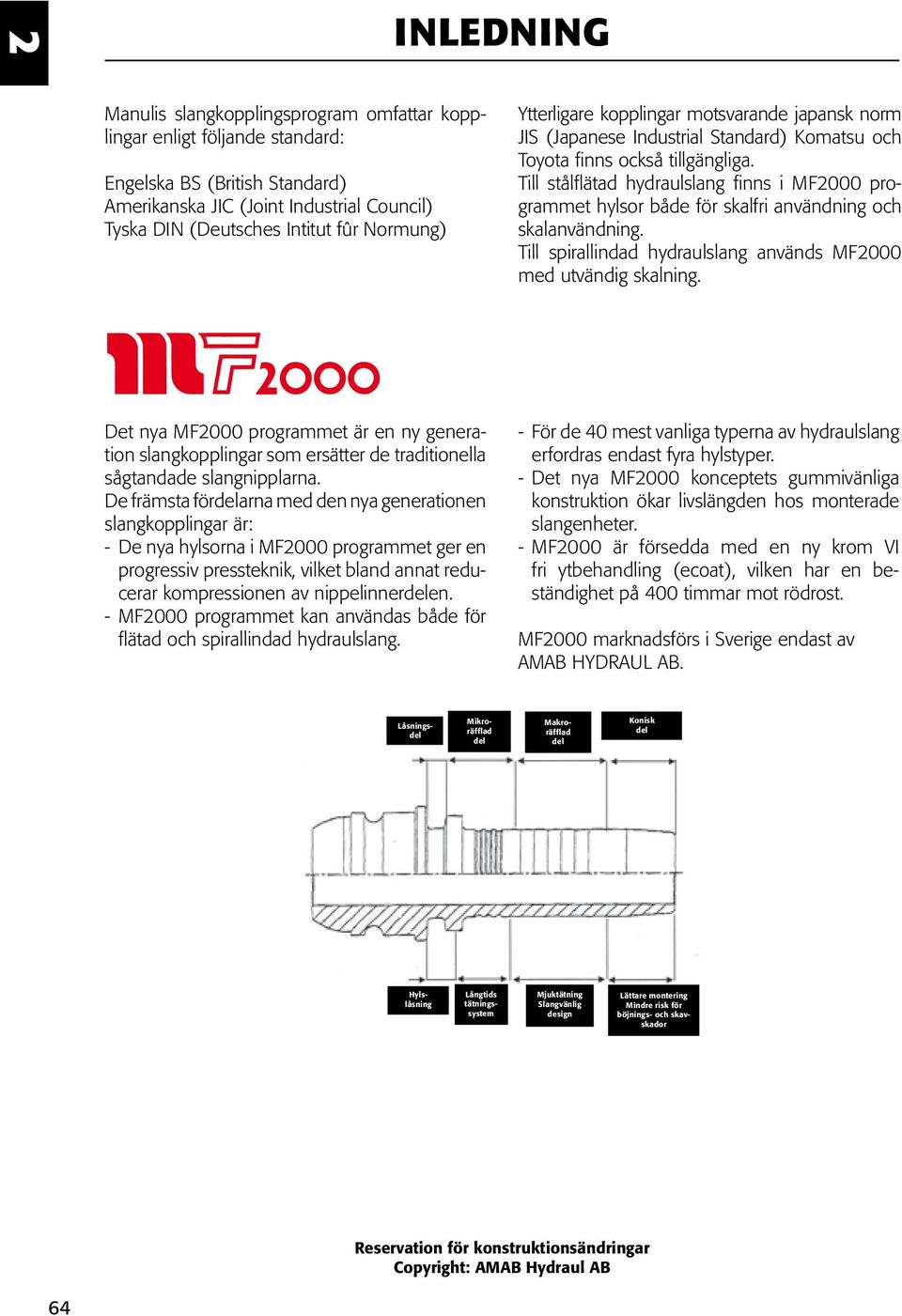 ill stålflätad hydraulslang finns i MF00 programmet hylsor både för skalfri användning och skalanvändning. ill spirallindad hydraulslang används MF00 med utvändig skalning.