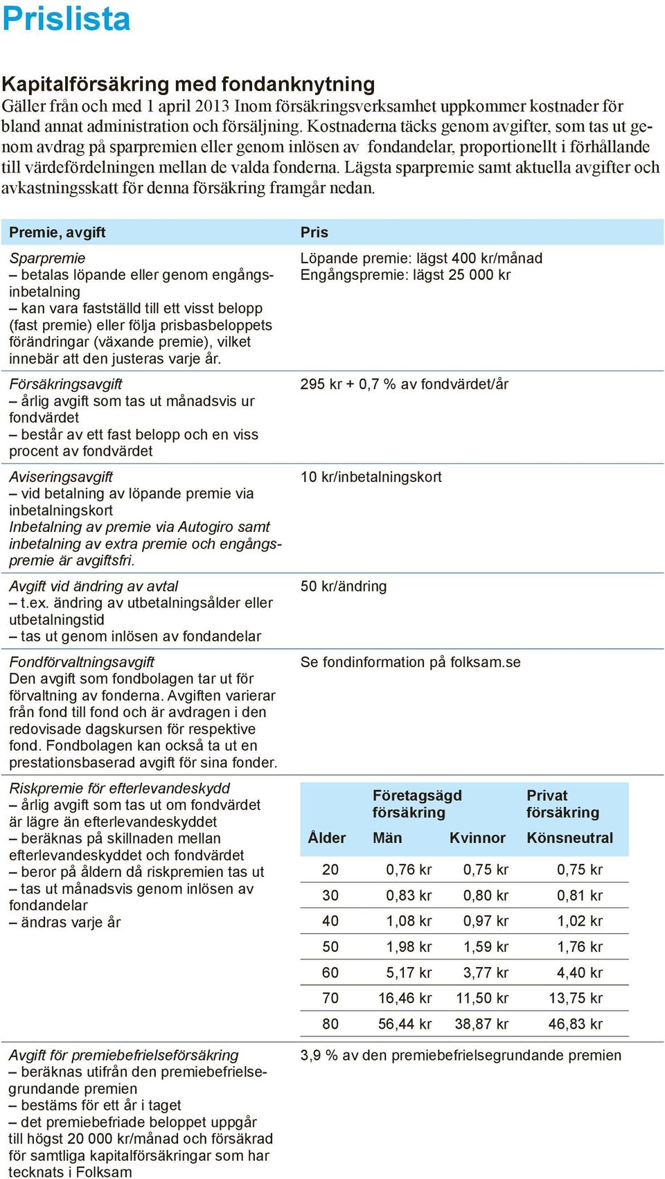 Lägsta sparpremie samt aktuella avgifter och avkastningsskatt för denna försäkring framgår nedan.