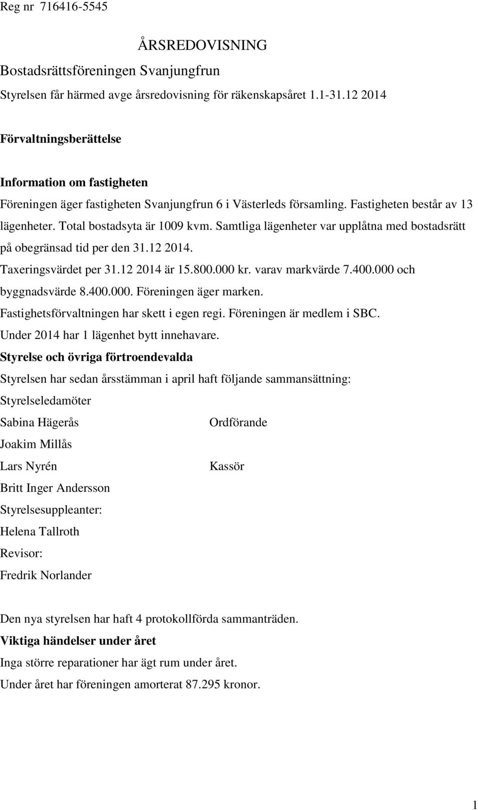 Samtliga lägenheter var upplåtna med bostadsrätt på obegränsad tid per den 31.12 2014. Taxeringsvärdet per 31.12 2014 är 15.800.000 kr. varav markvärde 7.400.000 och byggnadsvärde 8.400.000. Föreningen äger marken.