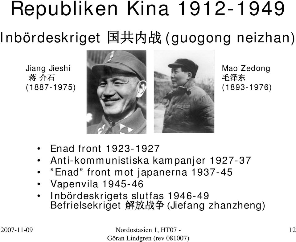 kampanjer 1927-37 Enad front mot japanerna 1937-45 Vapenvila 1945-46